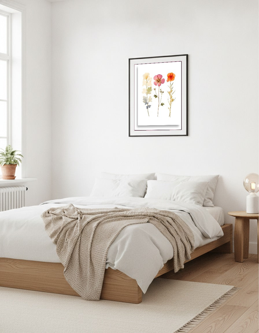Pressade blommor – Vit, rosa och orange trio i sovrummet