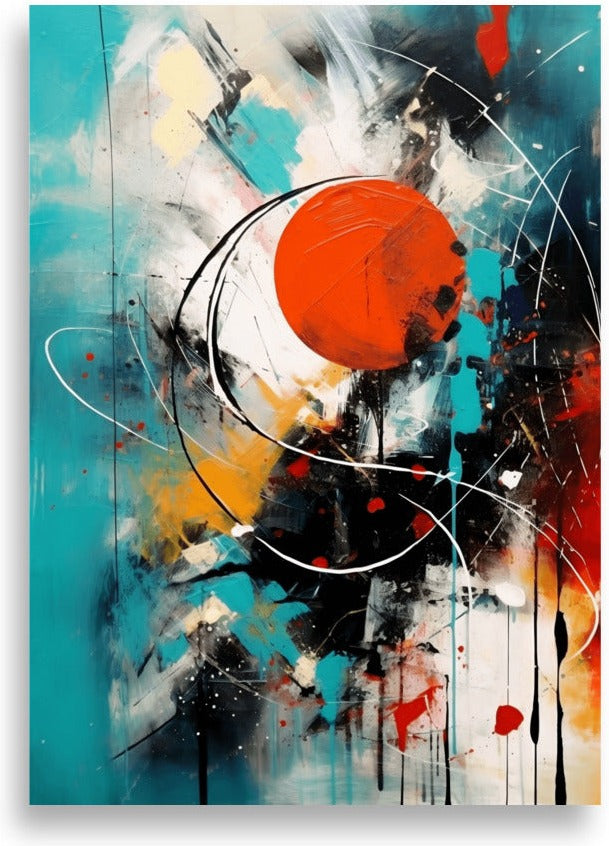 Abstrakt – Röd sol på petrol – poster