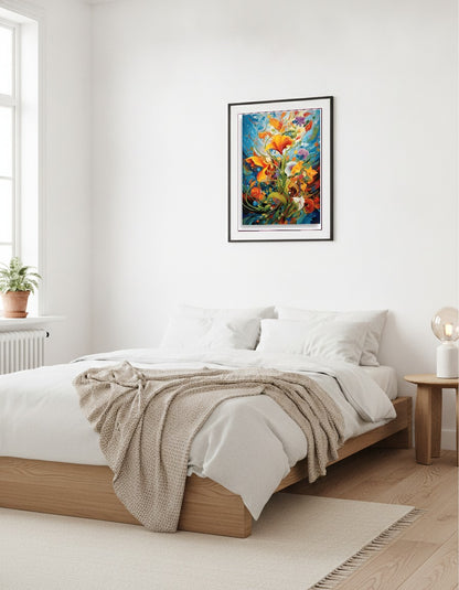 Abstrakta blommor – Orange och blå bukett i vardagsrummet