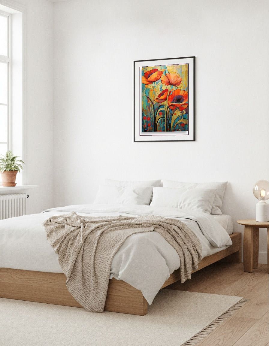 Abstrakta blommor – Djärva rödorange blomster i sovrummet
