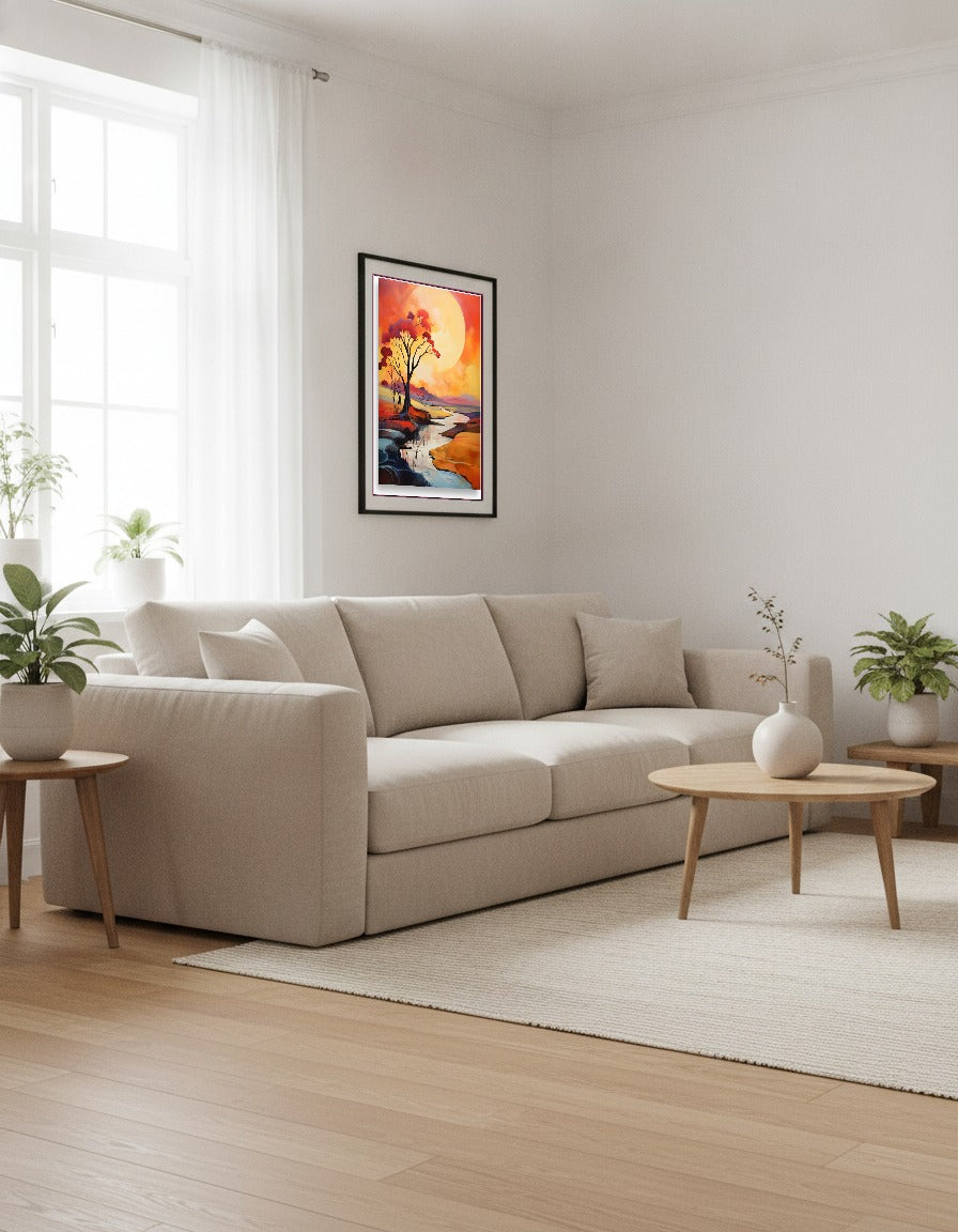 Abstrakt landskap – Träd och flod i vardagsrummet