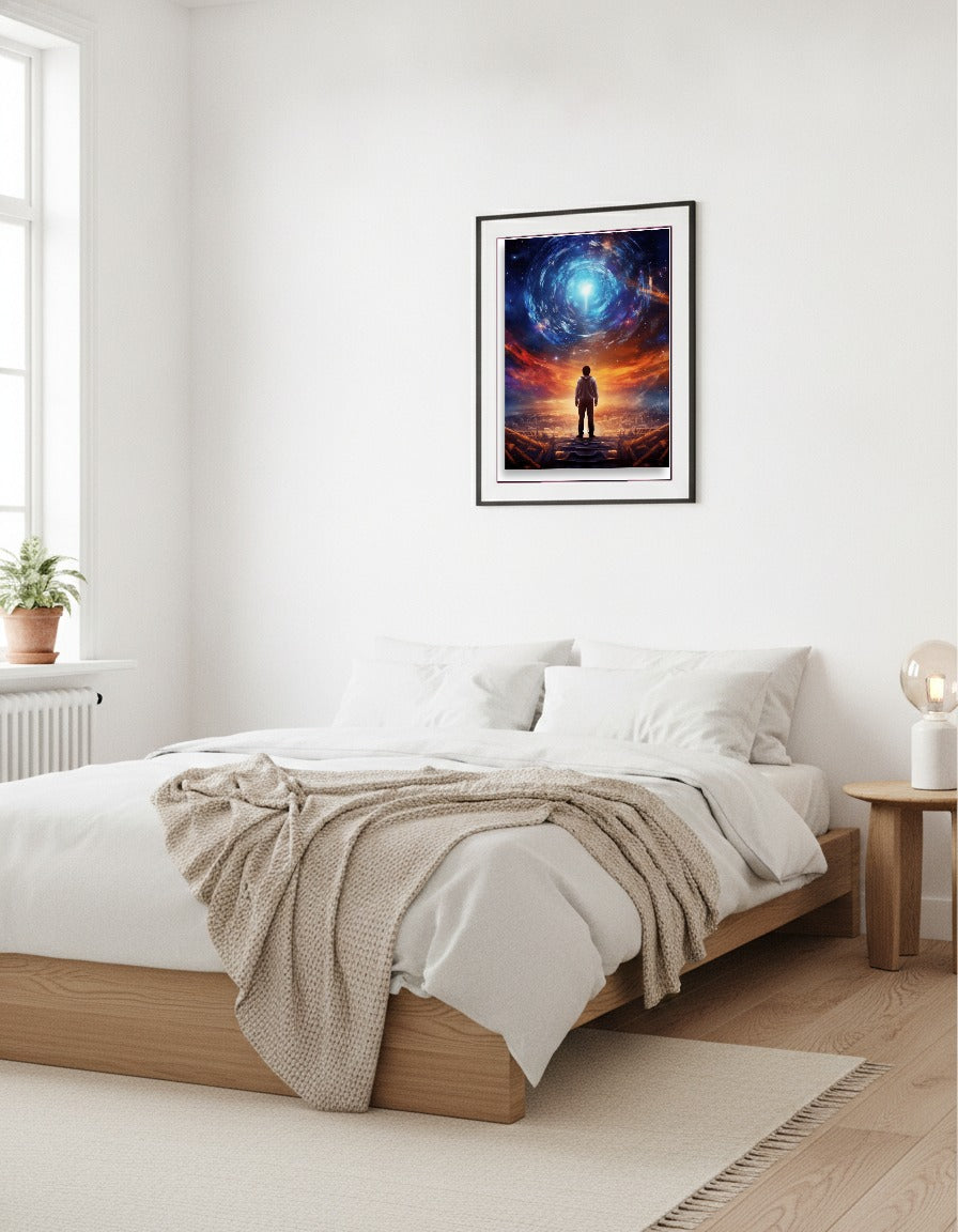 Boy looking into galaxy – Little space explorer i sovrummet