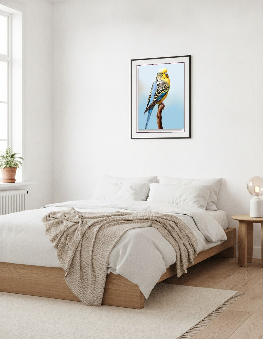 Budgie – Budgie on a twig i sovrummet