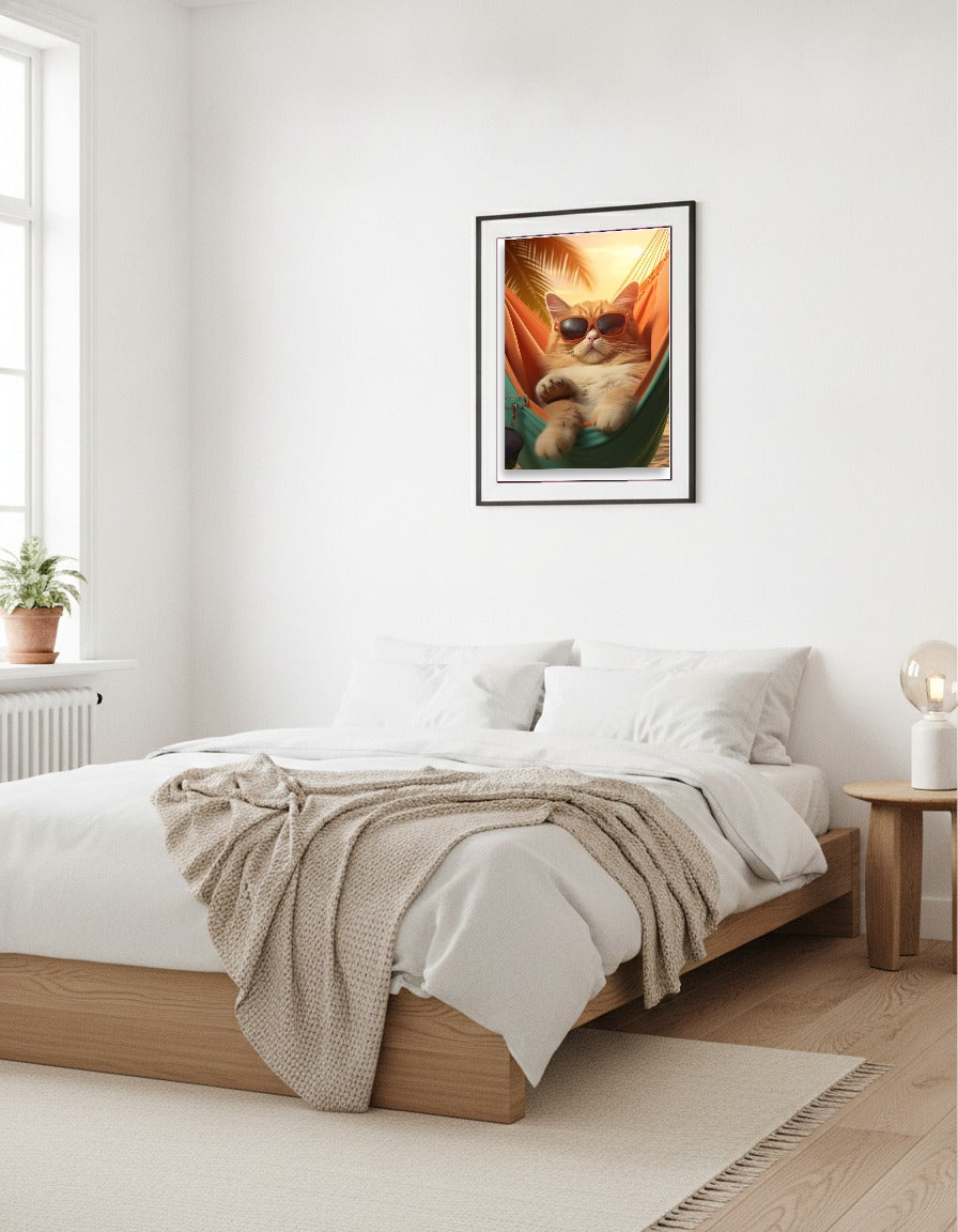 Katt i hängmatta – Katt med solglasögon i solnedgång i sovrummet