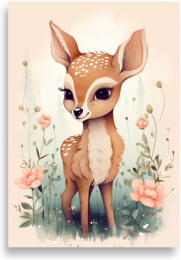 Deer – Fawn among pink flowers