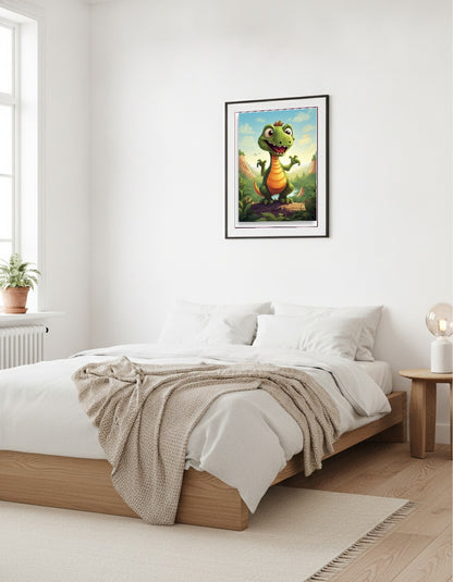 Dinosaurie – Grön dino med orange mage i sovrummet