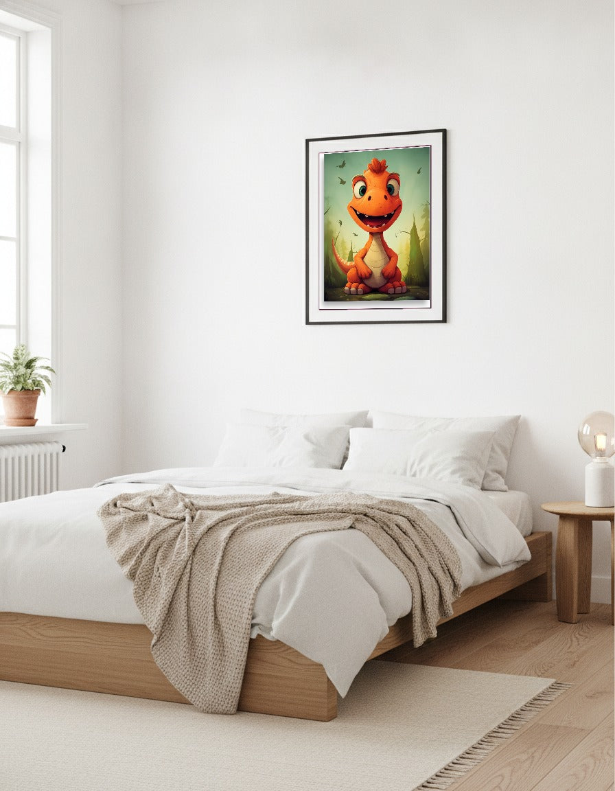 Dinosaur – Smiling orange dino i sovrummet