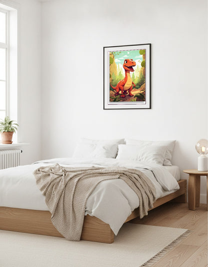 Dinosaurie – Orange dino i skogen i sovrummet