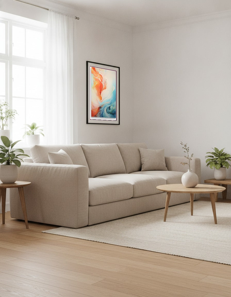 Energiflöde – Orange och blå våg i vardagsrummet