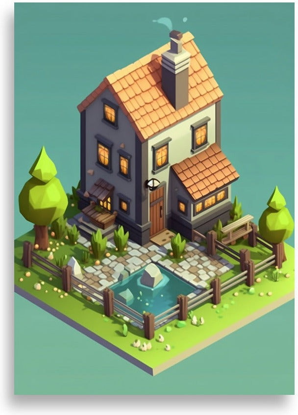 Bondgård på kub – Hus med damm – poster