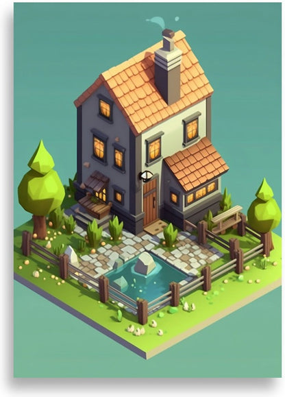 Bondgård på kub – Hus med damm – poster