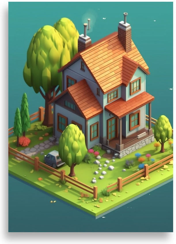 Bondgård på kub – Realistisk, på 3D-kub – poster
