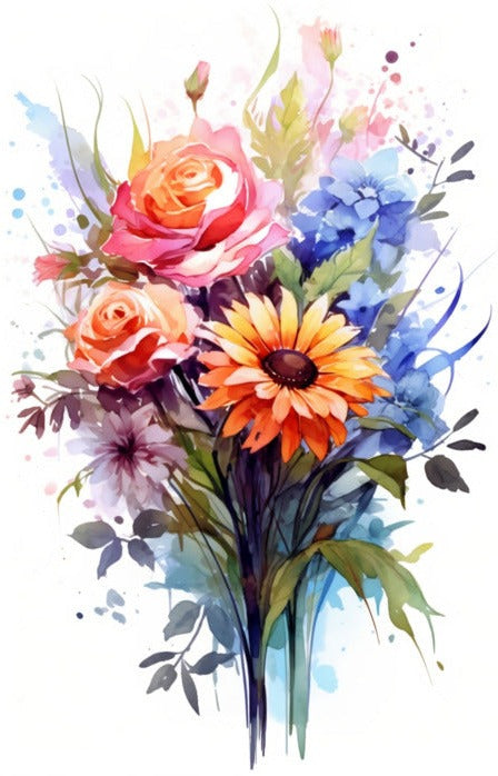 Blombukett i akvarell – Rosor och blå blommor – poster