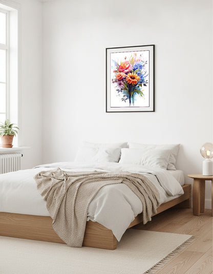 Blombukett i akvarell – Rosor och blå blommor i vardagsrummet