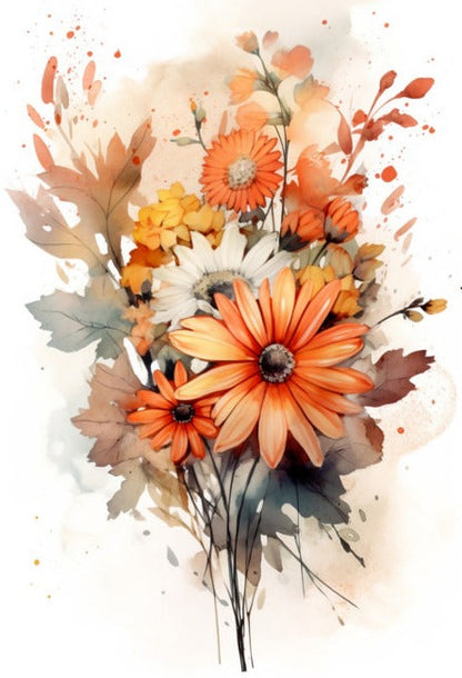 Blombukett i akvarell – Orange prästkragar – poster