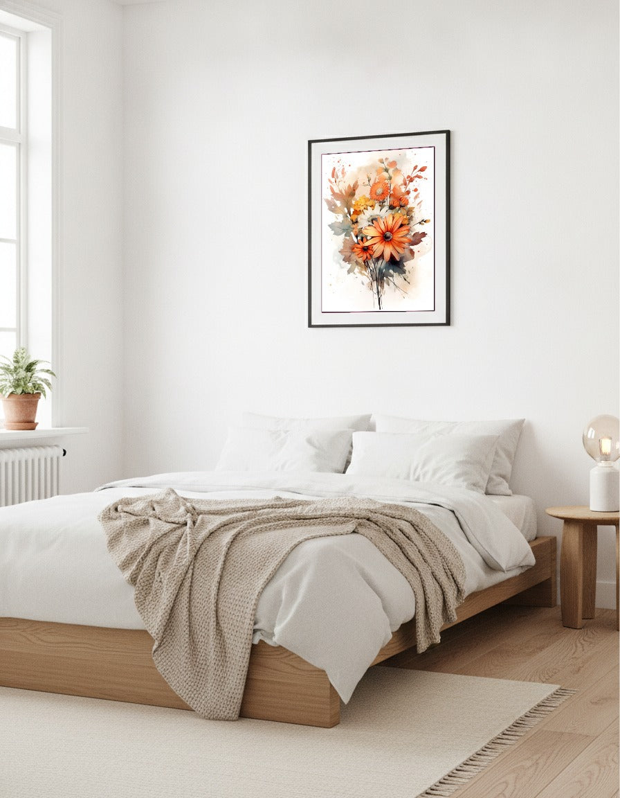 Blombukett i akvarell – Orange prästkragar i vardagsrummet
