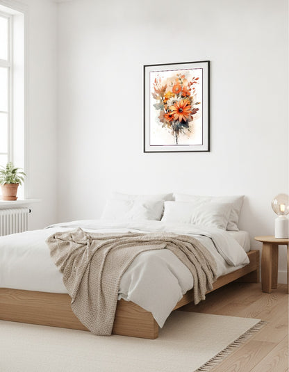 Blombukett i akvarell – Orange prästkragar i vardagsrummet