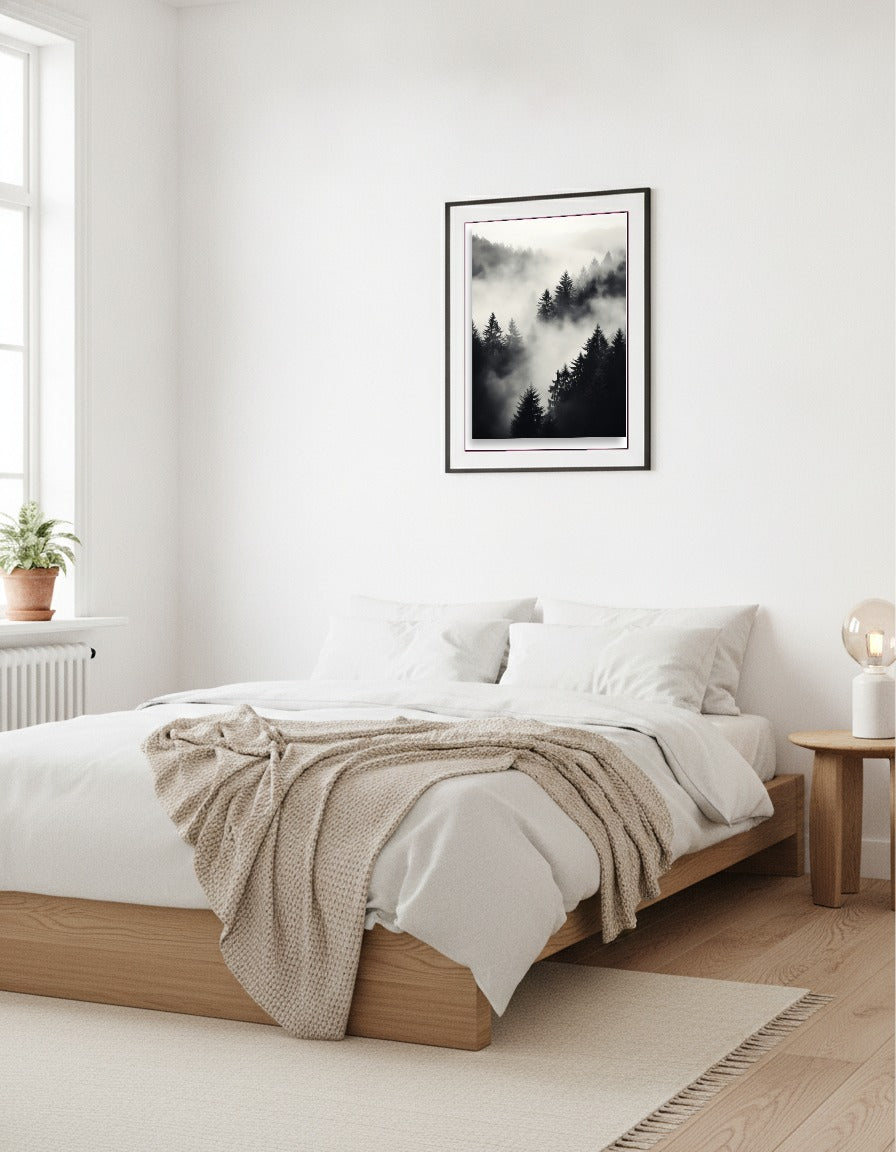 Skogsdimma – Svartvitt foto i sovrummet