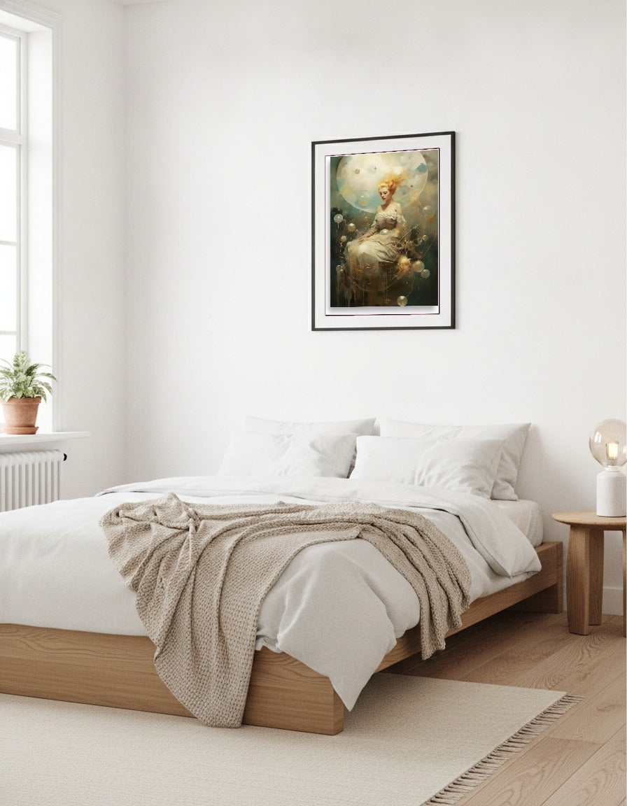 Flicka som svävar i skyn i sovrummet