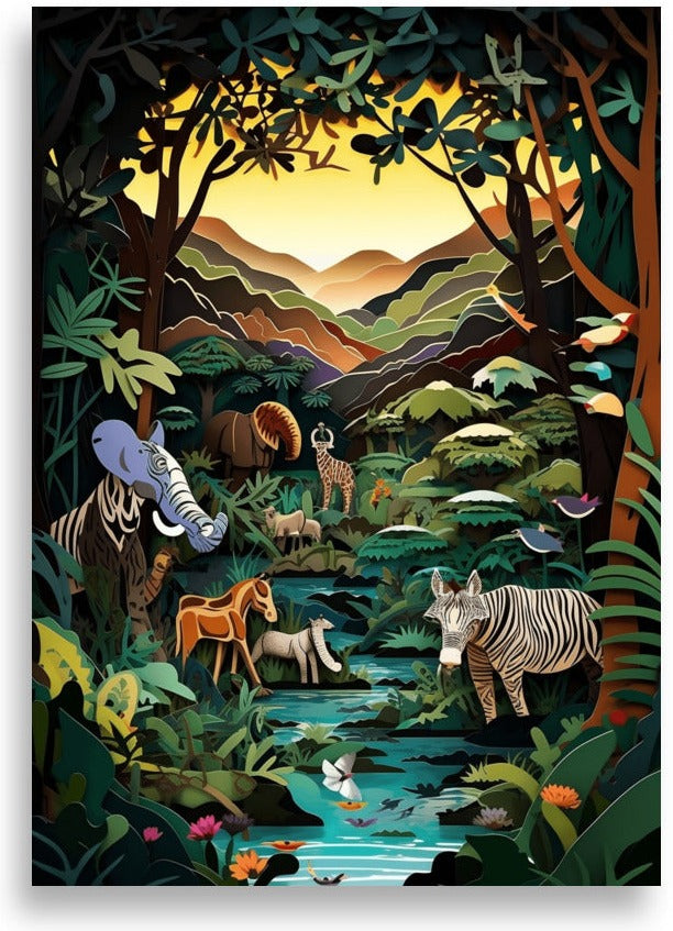 Djungel i pappersklippsstil – Zebra och elefant vid floden – poster