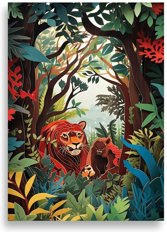 Djungel i pappersklippsstil – Lejon och björn – poster