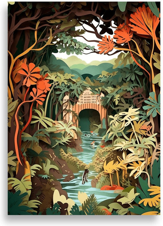Djungel i pappersklippsstil – Flod genom djungeln – poster