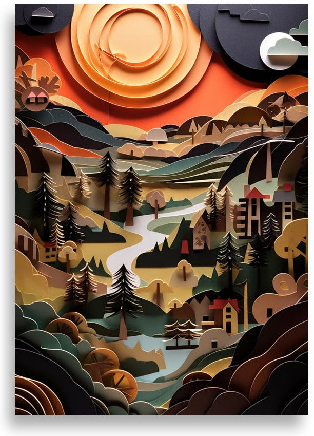 Landskap i pappersklippsstil – Solnedgång över bykullar – poster