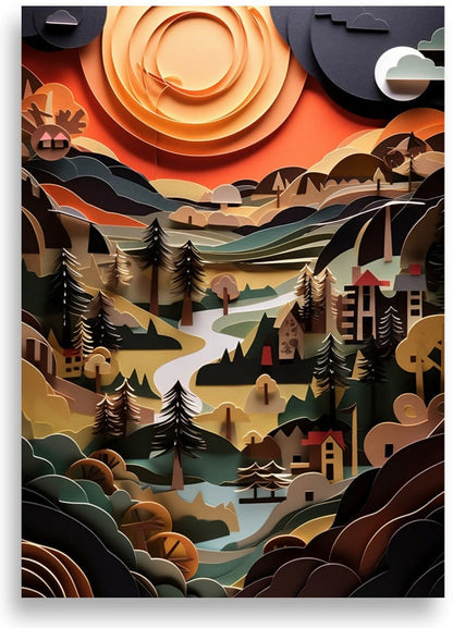Landskap i pappersklippsstil – Solnedgång över bykullar – poster