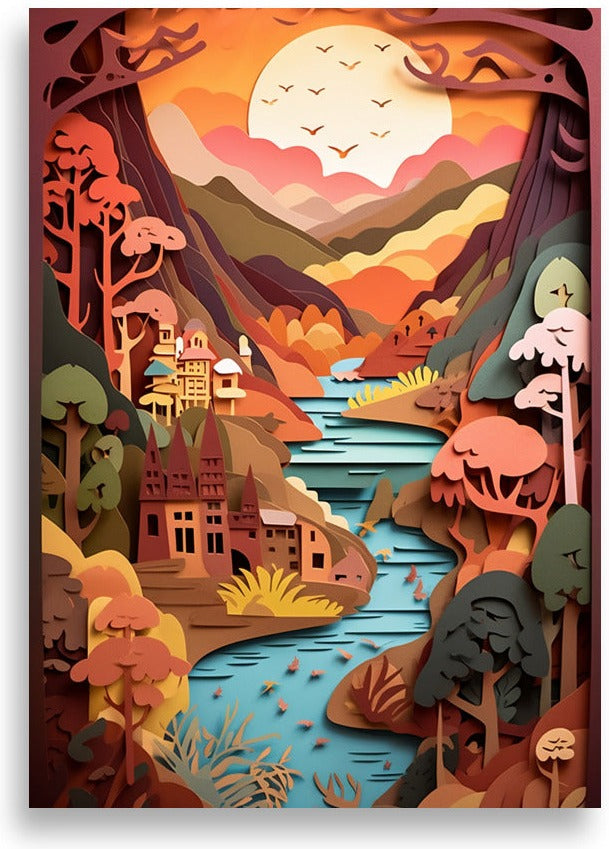Landskap i pappersklippsstil – Flodby i månsken – poster