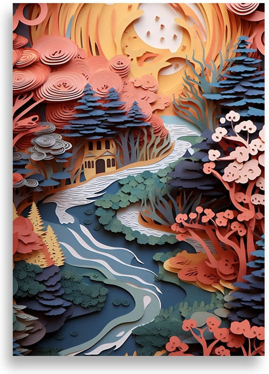 Landskap i pappersklippsstil – Slingrande flod – poster