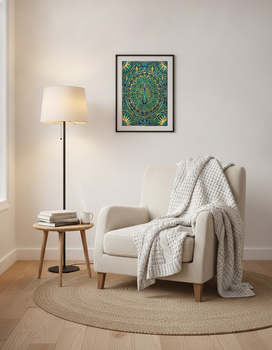 Påfågel i art déco i läshörnan