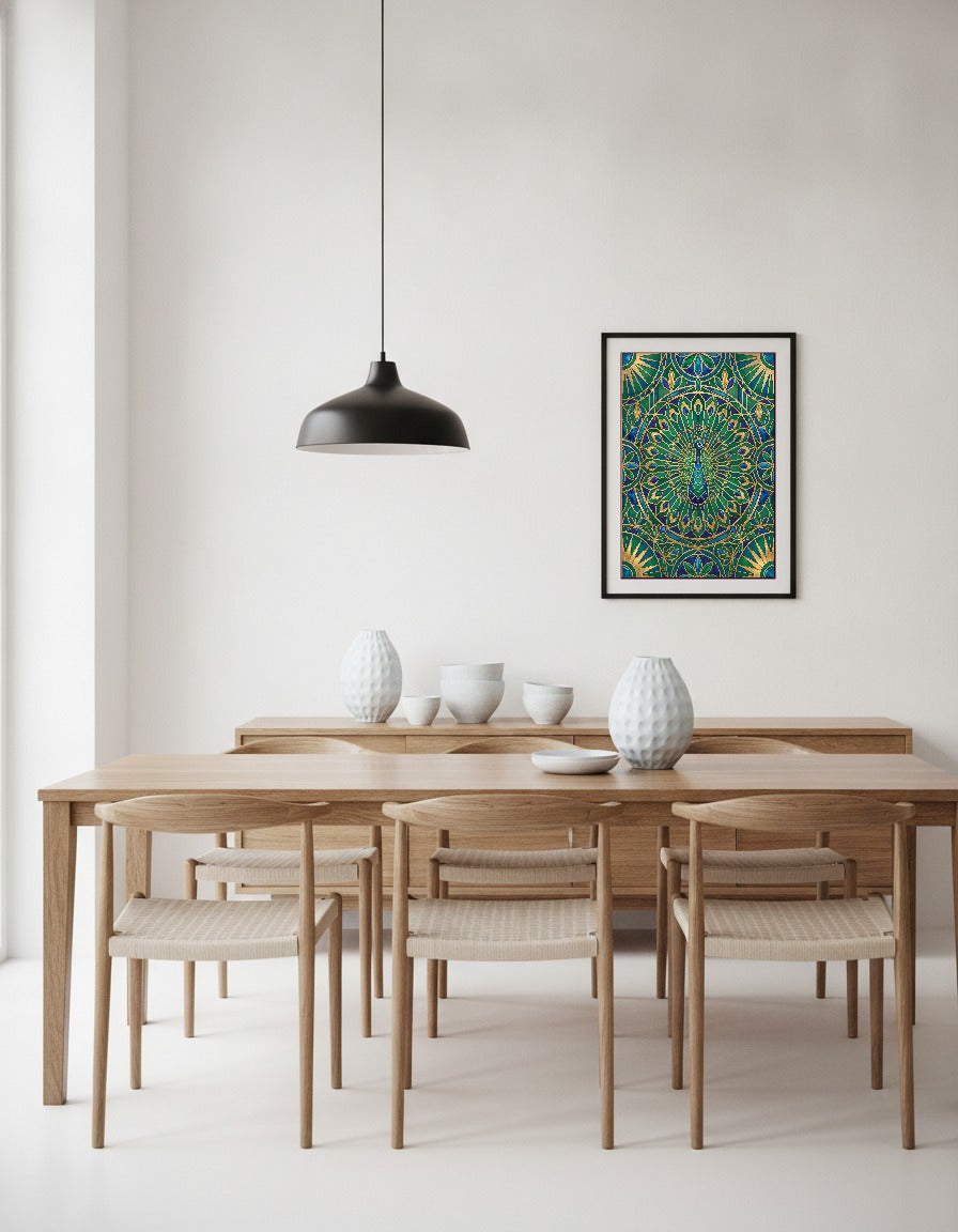 Påfågel i art déco i matsalen