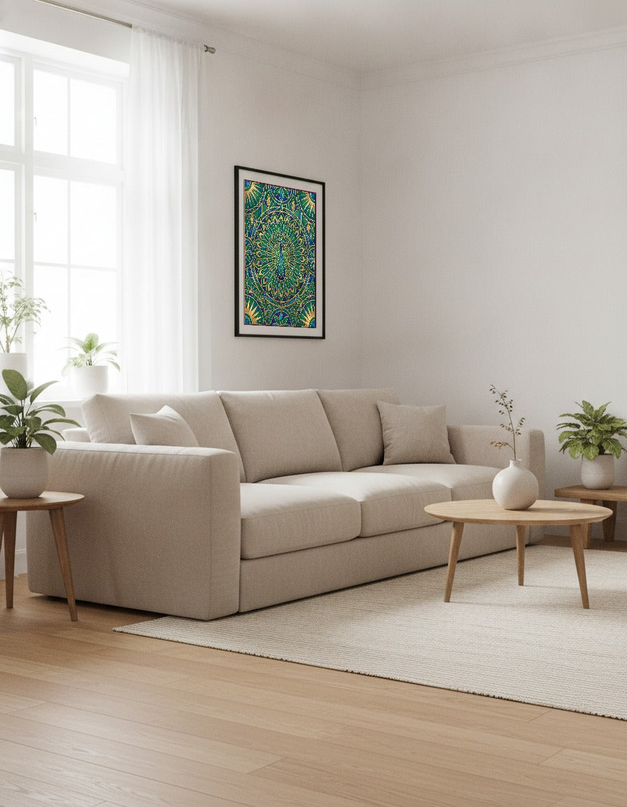 Påfågel i art déco i vardagsrummet