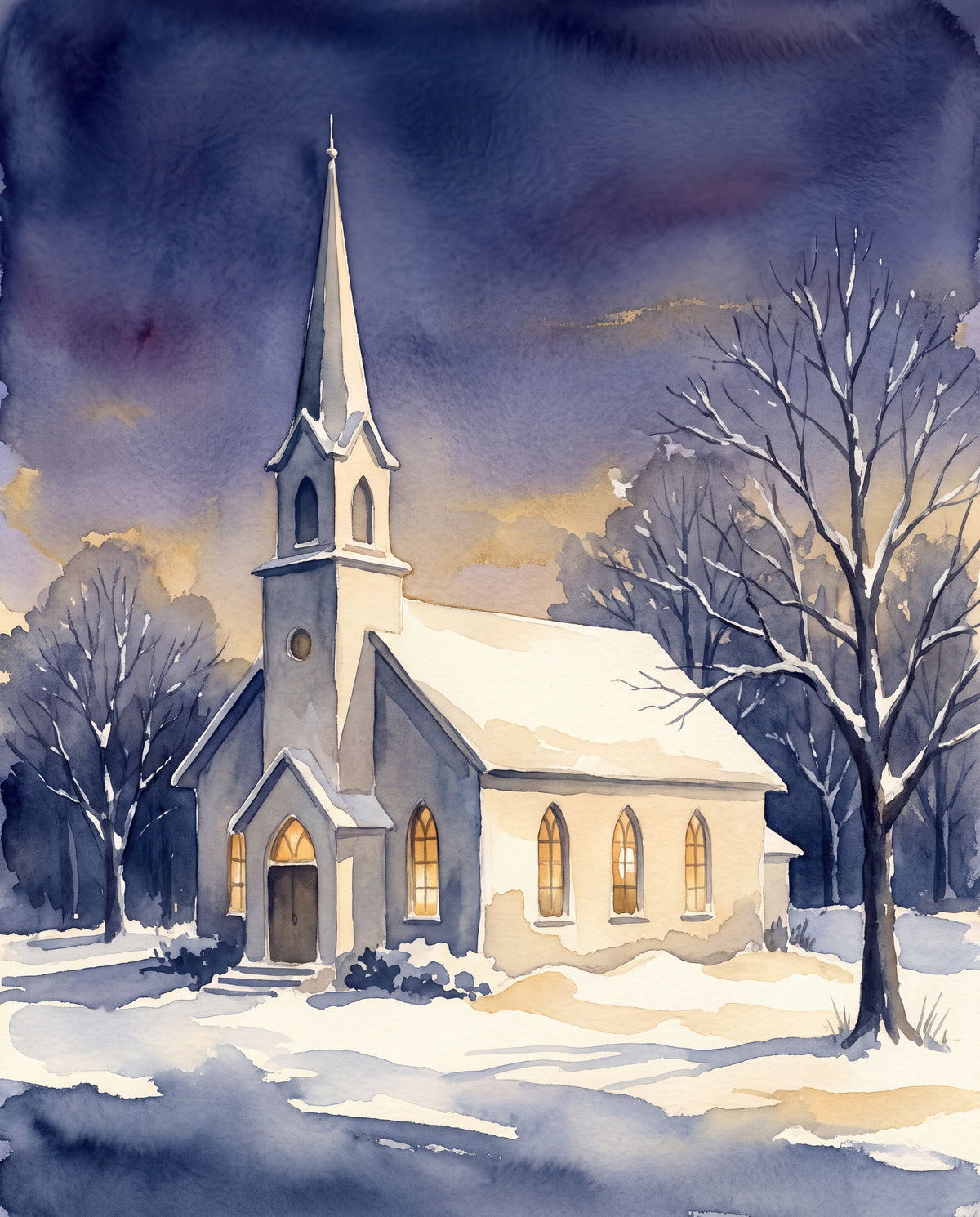 Vit kyrka i snöskymning