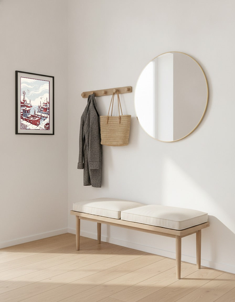 Vinterhamn med fiskebåtar i hallen
