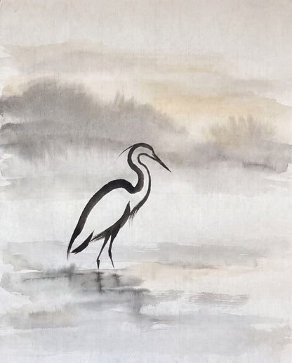 Ägretthäger i sumi-e