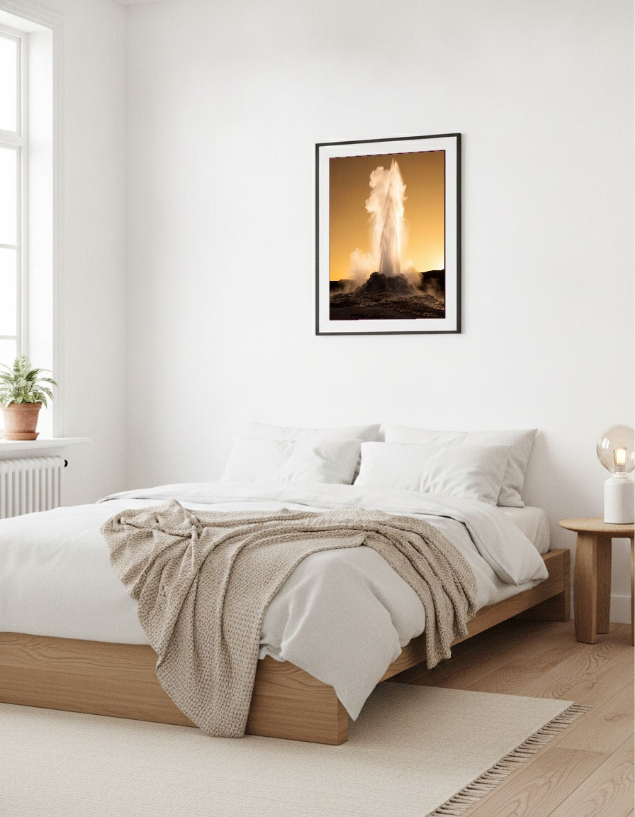 Gejser i solnedgång i sovrummet