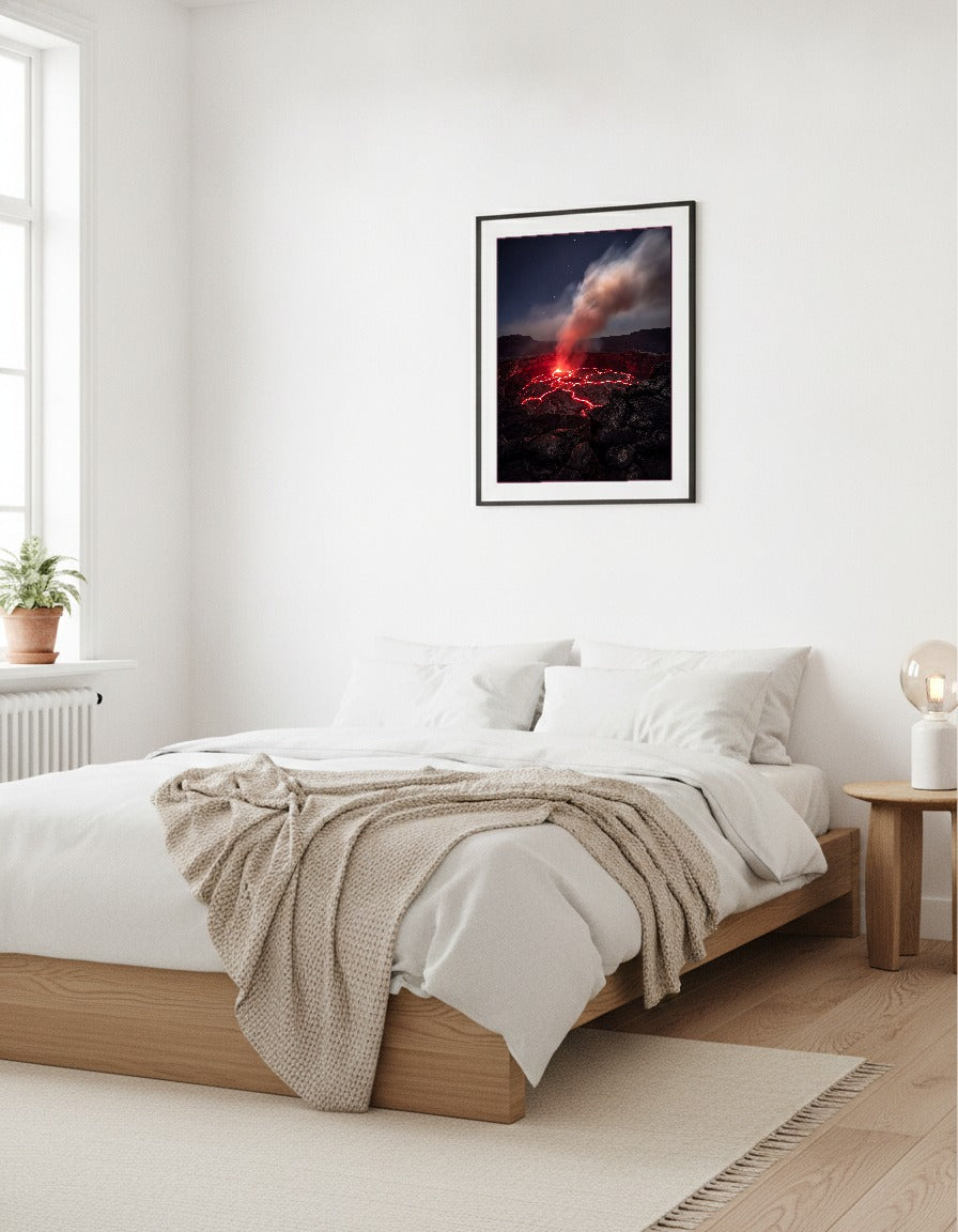 Vulkankrater med lava om natten i sovrummet