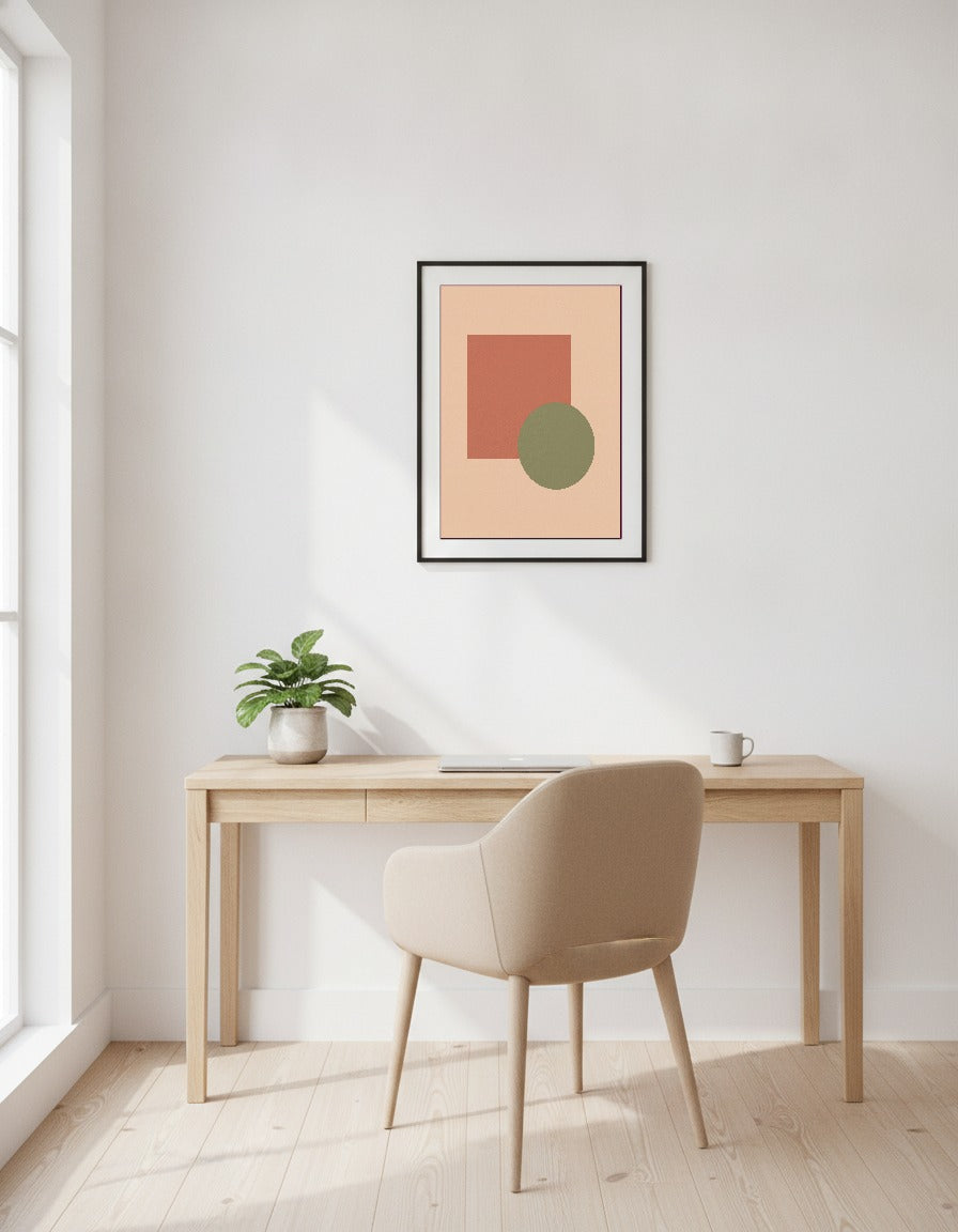 Kvadrat och cirkel i lera och oliv i kontoret