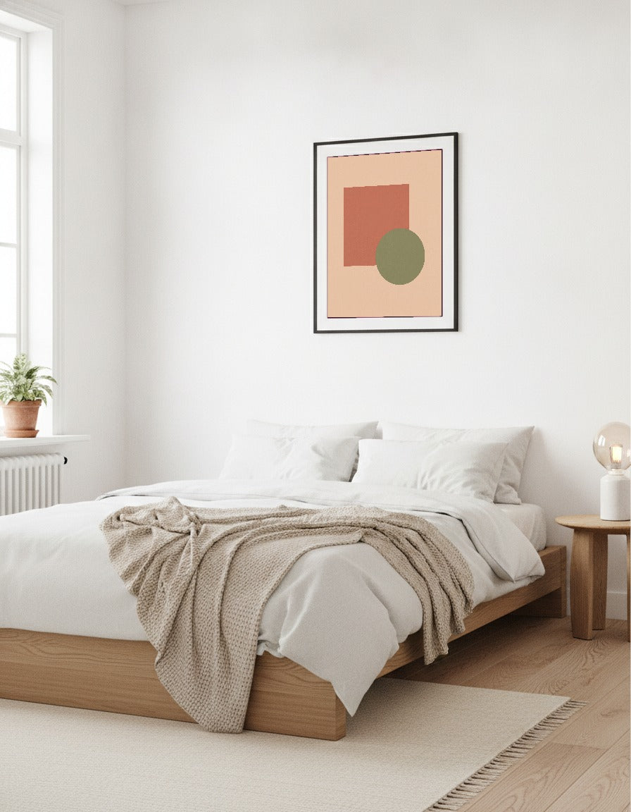 Kvadrat och cirkel i lera och oliv i sovrummet