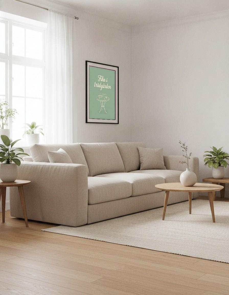Fika i trädgården i vardagsrummet