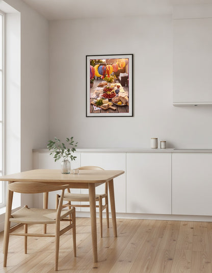 Kräftskiva under lyktor i köket