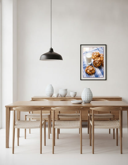 Kanelbullar och ett glas mjölk i matsalen