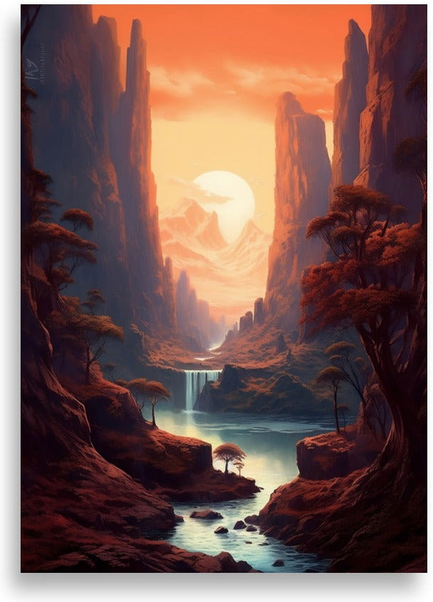 Majestätiskt landskap – Solnedgång över bergskedja – poster