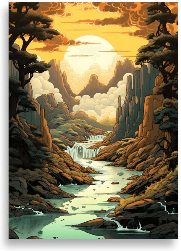 Majestätiskt landskap – Höga berg och flod – poster