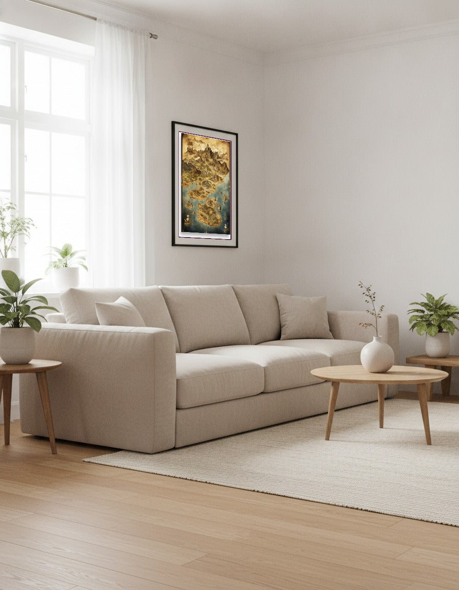 Gammal karta – Sepiakarta med slott i vardagsrummet