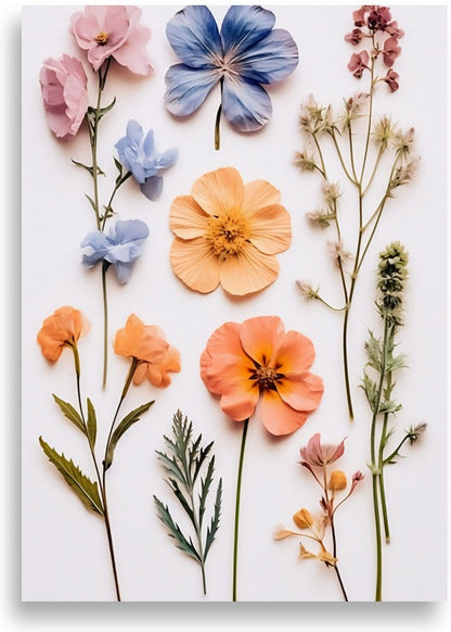Pressade blommor – Rosa, blått och persika – poster
