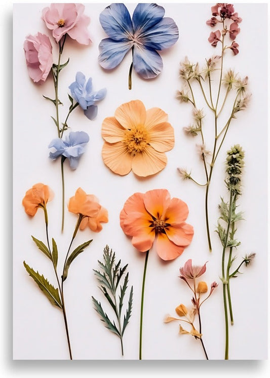Pressed flowers – Pink, blue and peach – poster