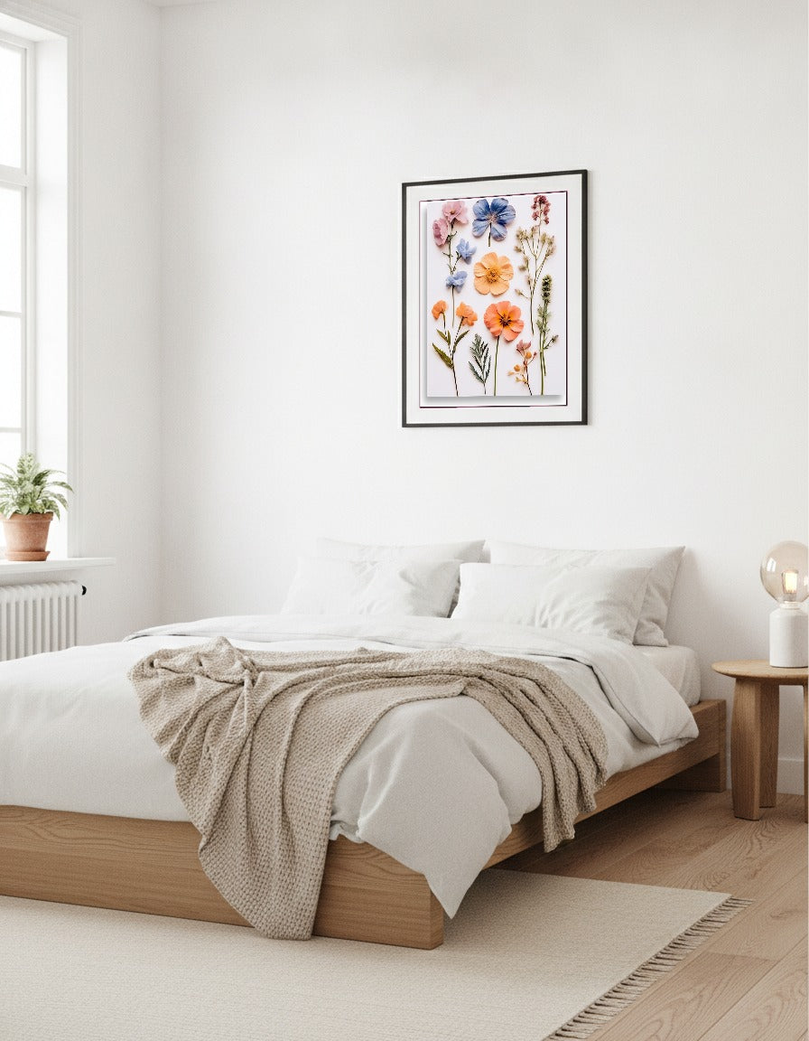 Pressade blommor – Rosa, blått och persika i vardagsrummet