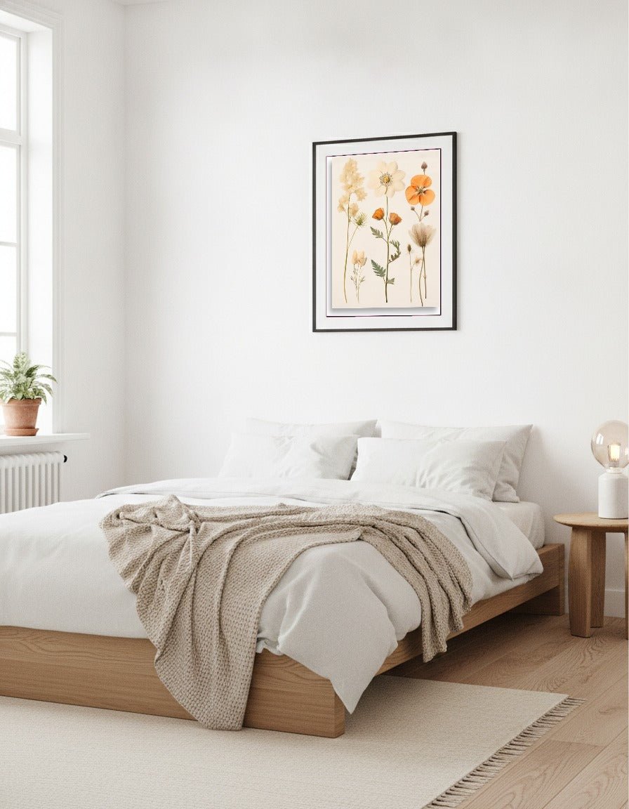 Pressade blommor – Vit blomma och orange vallmo i vardagsrummet